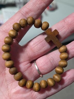Brown Wooden Bead Bracelet with Cross Accent